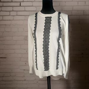 LOFT NWT Whisper White Pullover Sweater Black Lace Crew Neck - M